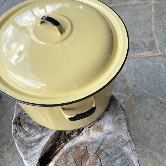 Vtg Enamelware Stock Pot Canning Butter Yellow Porcelain Enamel Lid Large 10 Qt - Picture 2 of 11